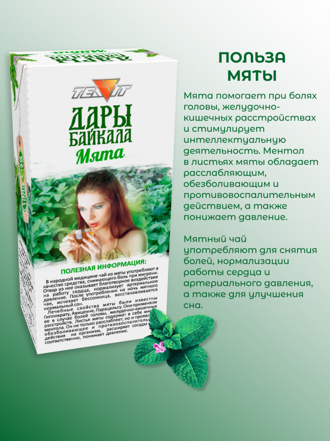 Натуральный травяной чай "Мята" Дары Байкала 50 гр., набор 3 штуки