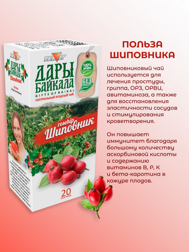 Натуральный ягодный чай "Шиповник" №20 в фильтр-пакетах. Дары Байкала Натуральный ягодный чай "Шиповник" №20 в фильтр-пакетах. Дары Байкала
